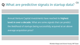 Q: What are predictive signals in startup data?
Michelle Villagra and Victoria Young | MIT Sloan
Annual Venture Capital in...
