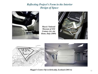 Maxxi: National
Museum of XXI
Century Art- site
Rome, Italy (2009)
Maggie's Centre Fife in Kirkcaldy, Scotland (2001-6)
Reflecting Project’s Form in the Interior
Design of Space
32
 