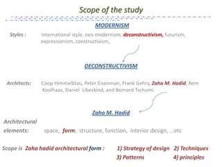 Scope of the study
MODERNISM
Styles : international style, neo modernism, deconstructivism, futurism,
expressionism, constructivism,
DECONSTRUCTIVISM
Architects: Coop Himmelblau, Peter Eisenman, Frank Gehry, Zaha M. Hadid, Rem
Koolhaas, Daniel Libeskind, and Bernard Tschumi.
Zaha M. Hadid
Architectural
elements: space, form, structure, function, interior design, …etc
Scope is Zaha hadid architectural form : 1) Strategy of design 2) Techniques
3) Patterns 4) principles
 