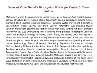 Some of Zaha Hadid’s Description Words for Project’s Form
Notion
Malevich Tektonic Explosion Seamlessness Flower petal Complex Suprematist geology
Cellular structure Curve Slicing Glacial topography Islamic Calligraphy Defying nature
Diamond Shell Inverted necklace Fragment Bubbles Water movement Geometries
Contradiction Kinetic Canvas Tree trunk Canyon Parametric Ever-changing Oyster
Collision Mushroom columns Fabrication Abstraction Flow Cutting Art box Splintered
Interwoven (p. 109) Overlapping lines Scattering Multi-purpose Topography Contours
Landscape Biological analogy (branches, stems, fruits, and leaves) Coral Piercing Petra
Mountain Sand Dunes Dynamic Pushing boundaries Landscape carpet Lava flow Ice
formation, glacial Jewel Organic Mountain ranges Deconstruction Spiralling shapes in
nature Archaeology Plastic Movement Shattering Segments Iteration of L-shape
Elasticity Folding Ribbons Starfish Spine Smooth Fold Exasperation Bundles Undulating
Twisting Wrapping River’s curvature Aggregation Organic System grid Intense
Accumulation Swarm Rock Nude structure Digital design technology Weightlessness,
freedom Sloped Wrap Float, suspend Boulder Malleable Crystal Fluid Layering Free-
form Flexibility Suprematist Capsizing Dynamic Broken ice & Flame of fire Tatlin tower
Wave Distortion Dynamic Distorted grid Inscription Sculpture Painting Interlock Bend
Trapezoid, wedge, spiral Arc Spiral Shooting Erosion Triangulated roof Pixilation
47
 