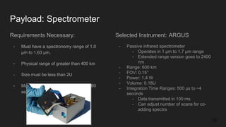 Payload: Spectrometer
Selected Instrument: ARGUS
- Passive infrared spectrometer
- Operates in 1 μm to 1.7 μm range
- Extended range version goes to 2400
nm
- Range: 600 km
- FOV: 0.15°
- Power: 1.4 W
- Volume: 0.18U
- Integration Time Ranges: 500 μs to ~4
seconds
- Data transmitted in 100 ms
- Can adjust number of scans for co-
adding spectra
Requirements Necessary:
- Must have a spectronomy range of 1.0
µm to 1.63 µm.
- Physical range of greater than 400 km
- Size must be less than 2U
- Must make measurements in under 80
seconds
13
 
