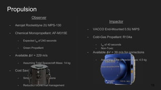 Propulsion
Observer
- Aerojet Rocketdyne 2U MPS-130
- Chemical Monopropellant: AF-M315E
- Expected Isp of 240 seconds
- Green Propellant
- Available 𝚫V = 229 m/s
- Assuming Total Spacecraft Mass: 14 kg
- Cost Savings
- Simplified range operations
- Reduction of thermal management
Impactor
- VACCO End-Mounted 0.5U MiPS
- Cold-Gas Propellant: R134a
- Isp of 40 seconds
- Non-Toxic
- Available 𝚫V = 39 m/s for corrections
- Assuming Total Impactor Mass: 4.5 kg
18
 