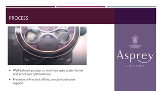 PROCESS
 Well-tailored process to minimize costs (sales funnel
and processes optimization).
 Presence online and offline, constant customer
support.
 