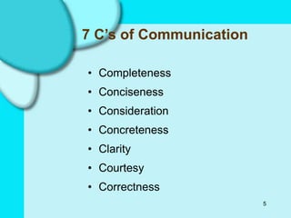 5
7 C’s of Communication
• Completeness
• Conciseness
• Consideration
• Concreteness
• Clarity
• Courtesy
• Correctness
 