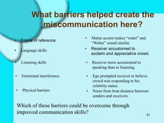 51
What barriers helped create the
miscommunication here?
• Frame of reference
• Receiver accustomed to
acclaim and appreciative crowd.
• Language skills
• Maine accent makes “water” and
“Walter” sound similar.
• Listening skills • Receiver more accustomed to
speaking than to listening.
• Emotional interference • Ego prompted receiver to believe
crowd was responding to his
celebrity status.
• Physical barriers • Noise from boat distance between
senders and receivers.
Which of these barriers could be overcome through
improved communication skills?
 