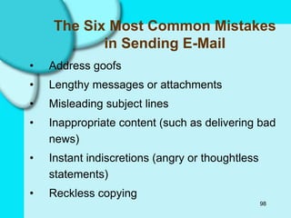 98
The Six Most Common Mistakes
in Sending E-Mail
• Address goofs
• Lengthy messages or attachments
• Misleading subject lines
• Inappropriate content (such as delivering bad
news)
• Instant indiscretions (angry or thoughtless
statements)
• Reckless copying
 