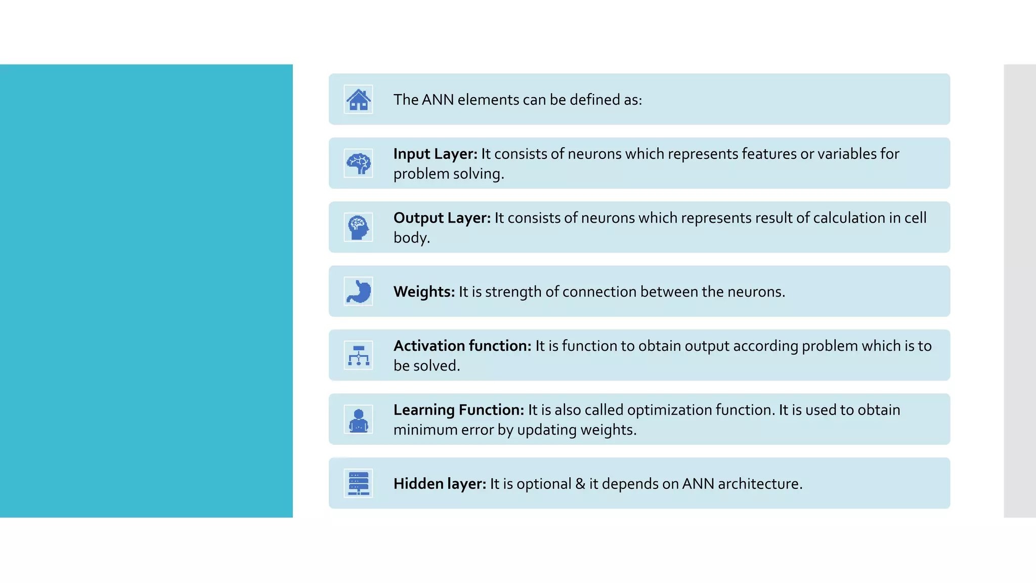 The ANN elements can be defined as:
Input Layer: It consists of neurons which represents features or variables for
problem solving.
Output Layer: It consists of neurons which represents result of calculation in cell
body.
Weights: It is strength of connection between the neurons.
Activation function: It is function to obtain output according problem which is to
be solved.
Learning Function: It is also called optimization function. It is used to obtain
minimum error by updating weights.
Hidden layer: It is optional & it depends on ANN architecture.
 
