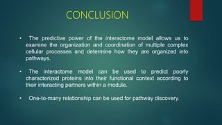 CONCLUSION
• The predictive power of the interactome model allows us to
examine the organization and coordination of multiple complex
cellular processes and determine how they are organized into
pathways.
• The interactome model can be used to predict poorly
characterized proteins into their functional context according to
their interacting partners within a module.
• One-to-many relationship can be used for pathway discovery.
 