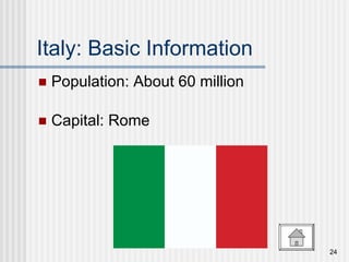 Italy: Basic Information Population: About 60 million Capital: Rome 