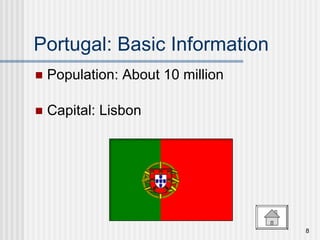 Portugal: Basic Information Population: About 10 million Capital: Lisbon 
