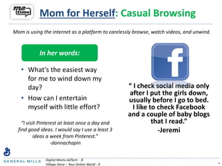 Mom for Herself: Casual Browsing
• What’s the easiest way
for me to wind down my
day?
• How can I entertain
myself with little effort?
9
Mom is using the internet as a platform to carelessly browse, watch videos, and unwind.
In her words:
“I visit Pinterest at least once a day and
find good ideas. I would say I use a least 3
ideas a week from Pinterest.”
-donnachapin
Digital Moms AdTech - 8
Village Voice – Your Online World - 9
“ I check social media only
after I put the girls down,
usually before I go to bed.
I like to check Facebook
and a couple of baby blogs
that I read.”
-Jeremi
 