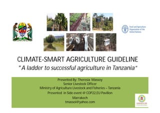 CLIMATE-SMART AGRICULTURE GUIDELINE
“A ladder to successful agriculture in Tanzania”
Presented By: Theresia Massoy
Senior Livestock Officer
Ministry of Agriculture Livestock and Fisheries – Tanzania
Presented in Side event @ COP22,EU Pavilion
Marrakech
tmassoi@yahoo.com
 