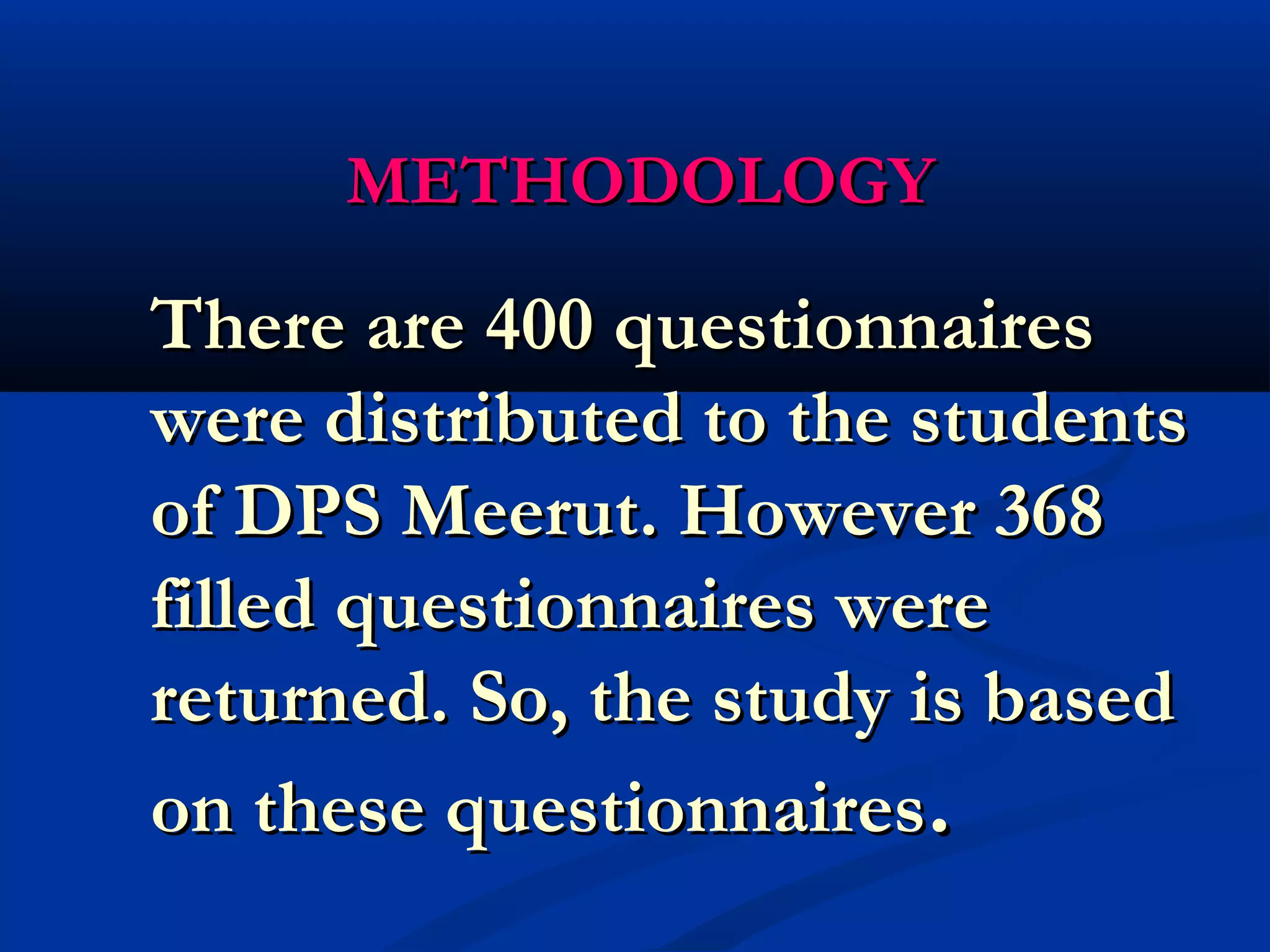 MMEETTHHOODDOOLLOOGGYY 
TThheerree aarree 440000 qquueessttiioonnnnaaiirreess 
wweerree ddiissttrriibbuutteedd ttoo tthhee ssttuuddeennttss 
ooff DDPPSS MMeeeerruutt.. HHoowweevveerr 336688 
ffiilllleedd qquueessttiioonnnnaaiirreess wweerree 
rreettuurrnneedd.. SSoo,, tthhee ssttuuddyy iiss bbaasseedd 
oonn tthheessee qquueessttiioonnnnaaiirreess.. 
 