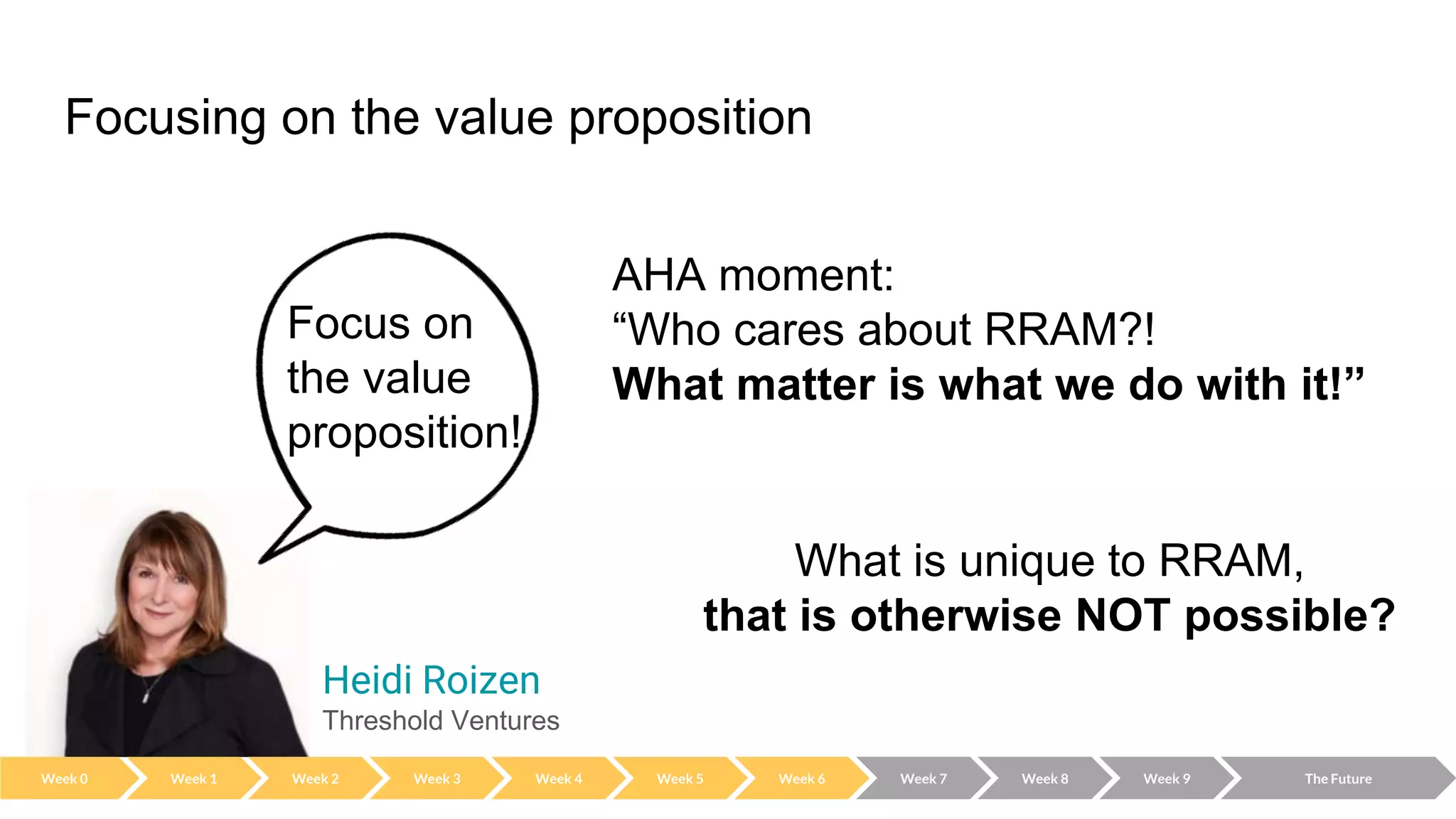 Focusing on the value proposition
AHA moment:
“Who cares about RRAM?!
What matter is what we do with it!”
Heidi Roizen
Threshold Ventures
Focus on
the value
proposition!
What is unique to RRAM,
that is otherwise NOT possible?
Week 0 Week 2 Week 3 Week 4 Week 5 Week 6 Week 7 Week 8 Week 9 The Future
Week 1
 