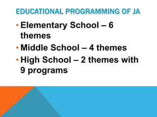 EDUCATIONAL PROGRAMMING OF JA
• Elementary School – 6
  themes
• Middle School – 4 themes
• High School – 2 themes with
  9 programs
 
