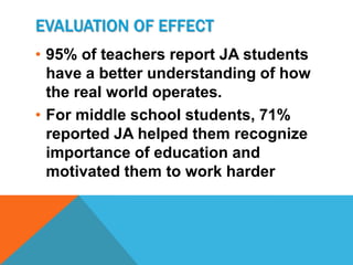 EVALUATION OF EFFECT
• 95% of teachers report JA students
  have a better understanding of how
  the real world operates.
• For middle school students, 71%
  reported JA helped them recognize
  importance of education and
  motivated them to work harder
 