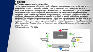 1-chillers
A- The vapor-compression cycle chiller.
In the vapor-compression refrigeration cycle, refrigerant enters the evaporator in the form of a cool,
low-pressure mixture of liquid and vapor (A). Heat is transferred from the relatively warm air or
water to the refrigerant, causing the liquid refrigerant to boil. The resulting vapor (B) is then drawn
from the evaporator by the compressor, which increases the pressure and temperature of the
refrigerant vapor. The hot, high-pressure refrigerant vapor (C) leaving the compressor enters the
condenser, where heat is transferred to ambient air or water at a lower temperature. Inside the
condenser, the refrigerant vapor condenses into a liquid. This liquid refrigerant (D) then flows to the
expansion device, which creates a pressure drop that reduces the pressure of the refrigerant to that
of the evaporator.. The cool mixture of liquid and vapor refrigerant (A) travels to the evaporator to
repeat the cycle.
Refrigerant type is HFC-134a
 