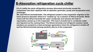 B-Absorption refrigeration cycle chiller
It is in reality the same refrigeration process discussed previously except the
compressor has been replaced with an absorber, generator, pump and recuperative heat
exchanger.
We used lithium bromide/water. The refrigerant (water) in the evaporator migrates to the
lower-pressure absorber where it is “soaked up” by a solution of lithium-bromide. While
mixed with the lithium-bromide the vapor condenses and releases the heat of
vaporization picked up in the evaporator. This heat is transferred to condenser water
and rejected out the cooling tower. The lithium-bromide and refrigerant solution (weak
solution) are pumped to a heat exchanger (generator) where the refrigerant is boiled off
and the lithium-bromide (strong solution) returns to the evaporator.
 