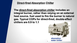 Direct-fired Absorption Chiller
The direct-fired absorption chiller includes an
integral burner, rather than relying on an external
heat source. fuel used to fire the burner is natural
gas. Typical COPs for direct-fired, double-effect
chillers are 0.9 to 1.1
 