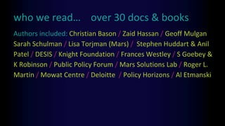 who we read… over 30 docs & books
Authors included: Christian Bason / Zaid Hassan / Geoff Mulgan
Sarah Schulman / Lisa Torjman (Mars) / Stephen Huddart & Anil
Patel / DESIS / Knight Foundation / Frances Westley / S Goebey &
K Robinson / Public Policy Forum / Mars Solutions Lab / Roger L.
Martin / Mowat Centre / Deloitte / Policy Horizons / Al Etmanski
 