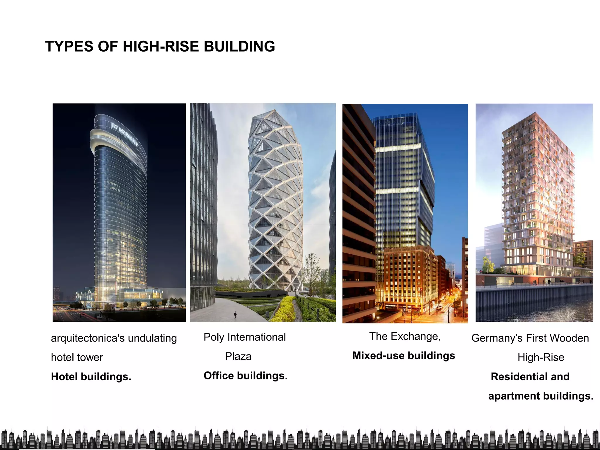 TYPES OF HIGH-RISE BUILDING
Germany’s First WoodenThe Exchange,Poly Internationalarquitectonica's undulating Germany’s First Wooden
High-Rise
Residential and
apartment buildings.
The Exchange,
Mixed-use buildings
Poly International
Plaza
Office buildings.
arquitectonica's undulating
hotel tower
Hotel buildings.
 