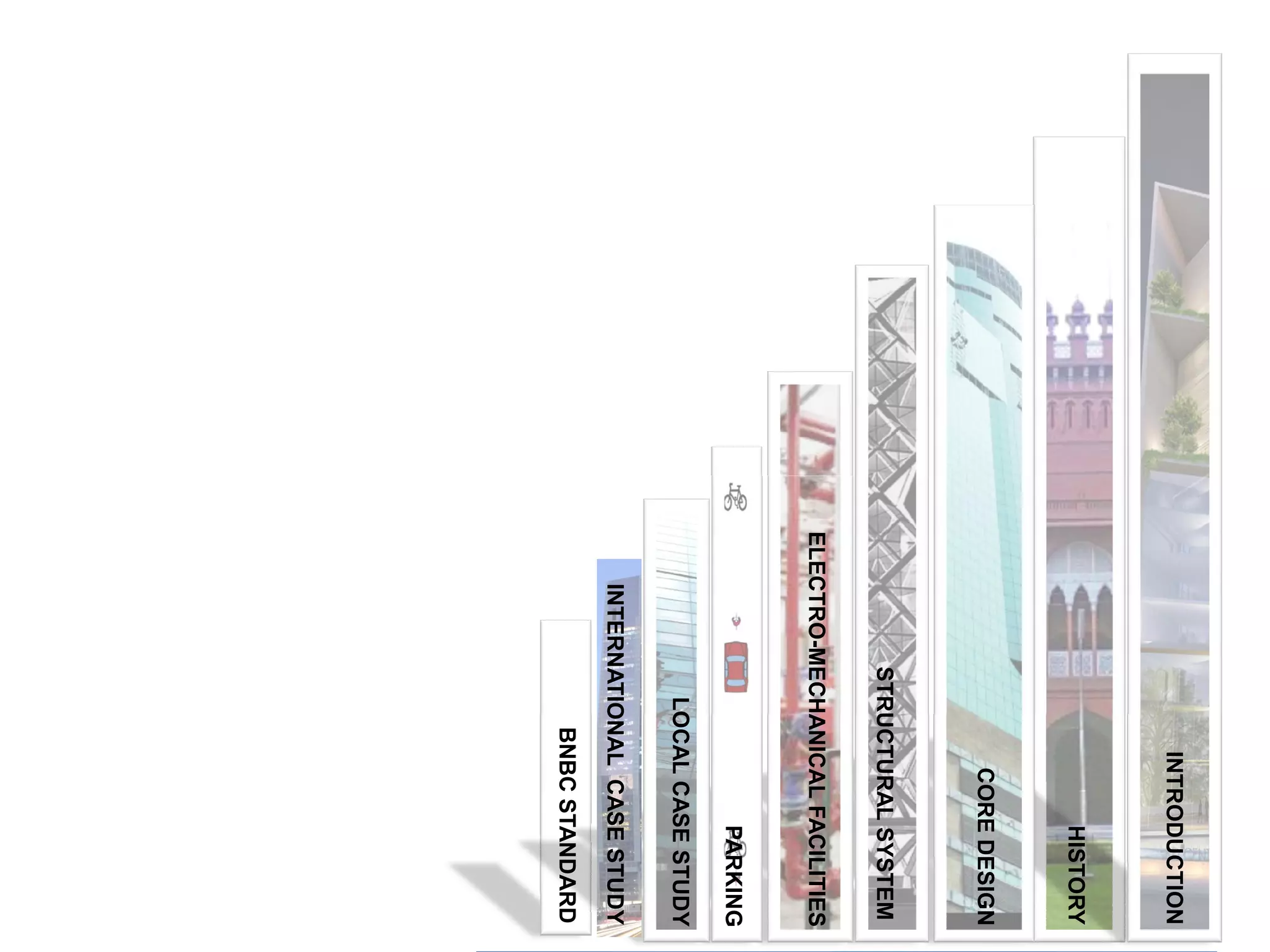 STRUCTURALSYSTEM
ELECTRO-MECHANICALFACILITIES
LOCALCASESTUDY
INTERNATIONALCASESTUDY
INTRODUCTION
HISTORY
COREDESIGN
STRUCTURALSYSTEM
MECHANICALFACILITIES
PARKING
LOCALCASESTUDY
INTERNATIONALCASESTUDY
BNBCSTANDARD
 