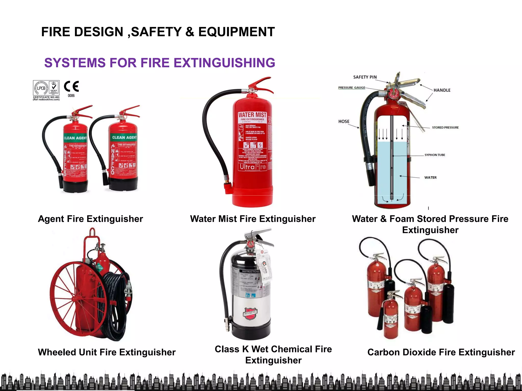 FIRE DESIGN ,SAFETY & EQUIPMENT
SYSTEMS FOR FIRE EXTINGUISHINGSYSTEMS FOR FIRE EXTINGUISHING
Agent Fire Extinguisher Water Mist Fire Extinguisher Water & Foam Stored Pressure Fire
Extinguisher
Wheeled Unit Fire Extinguisher Class K Wet Chemical Fire
Extinguisher
Carbon Dioxide Fire Extinguisher
 