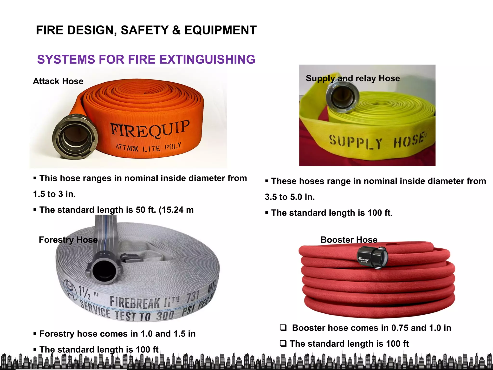 FIRE DESIGN, SAFETY & EQUIPMENT
SYSTEMS FOR FIRE EXTINGUISHINGSYSTEMS FOR FIRE EXTINGUISHING
Attack Hose Supply and relay Hose
 This hose ranges in nominal inside diameter from  These hoses range in nominal inside diameter from
1.5 to 3 in.
 The standard length is 50 ft. (15.24 m
 These hoses range in nominal inside diameter from
3.5 to 5.0 in.
 The standard length is 100 ft.
Forestry Hose Booster Hose
 Forestry hose comes in 1.0 and 1.5 in
 The standard length is 100 ft
 Booster hose comes in 0.75 and 1.0 in
 The standard length is 100 ft
 