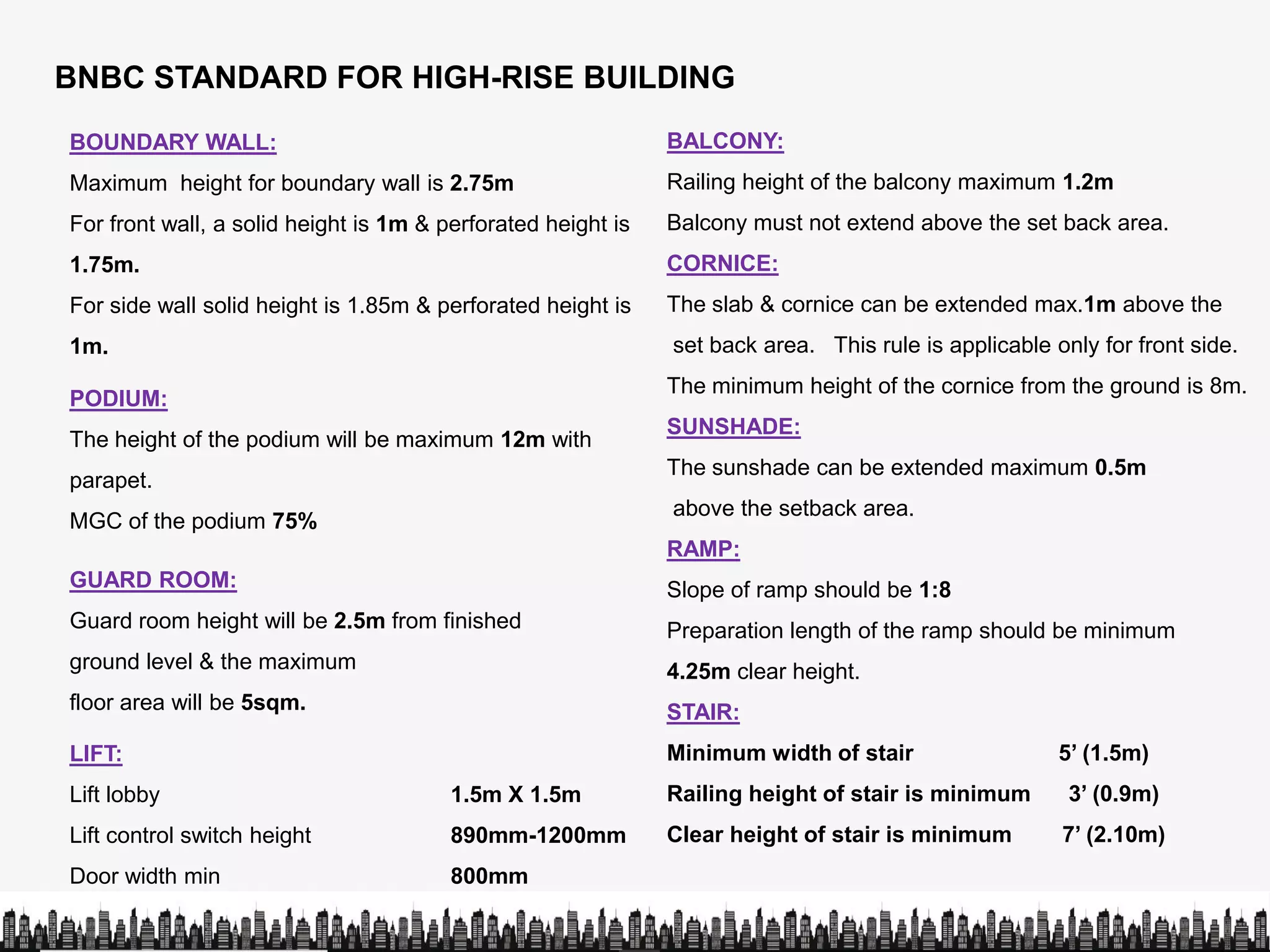 BNBC STANDARD FOR HIGH-RISE BUILDING
BOUNDARY WALL:
Maximum height for boundary wall is 2.75m
For front wall, a solid height is 1m & perforated height is
BALCONY:
Railing height of the balcony maximum 1.2m
Balcony must not extend above the set back area.
1.75m.
For side wall solid height is 1.85m & perforated height is
1m.
PODIUM:
The height of the podium will be maximum 12m with
parapet.
CORNICE:
The slab & cornice can be extended max.1m above the
set back area. This rule is applicable only for front side.
The minimum height of the cornice from the ground is 8m.
SUNSHADE:
The sunshade can be extended maximum 0.5m
parapet.
MGC of the podium 75%
GUARD ROOM:
Guard room height will be 2.5m from finished
ground level & the maximum
floor area will be 5sqm.
The sunshade can be extended maximum 0.5m
above the setback area.
RAMP:
Slope of ramp should be 1:8
Preparation length of the ramp should be minimum
4.25m clear height.
STAIR:floor area will be 5sqm.
LIFT:
Lift lobby 1.5m X 1.5m
Lift control switch height 890mm-1200mm
Door width min 800mm
STAIR:
Minimum width of stair 5’ (1.5m)
Railing height of stair is minimum 3’ (0.9m)
Clear height of stair is minimum 7’ (2.10m)
 