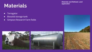 Materials
● Terragator
● Biosolid storage tank
● Simpson Research Farm fields
Materials and Methods: Land
Application
 