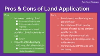 Take Home Messages
Pros & Cons of Land Application
Pros
○ Increases porosity of soil
■ Increases infiltration rate
■ Increases water holding
capacity
■ Decreases rate of runoff
○ Addition of vital nutrients to
soil
■ C, N, P
○ Capable of land applying
1,030 tons of dry biosolids/yr
■ Accommodates an increase in
student population
Cons
○ Possible nutrient leaching into
groundwater
○ Potential runoff into nearby
bodies of water due to extreme
weather events
○ Effects of pharmaceuticals,
hormones, and microplastics on
soil unknown
○ Purchase 2,828 ft3 storage tank
necessary
 