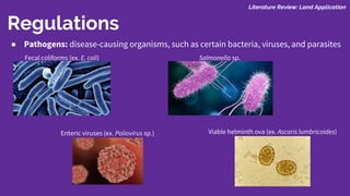 Literature Review: Land Application
Regulations
● Pathogens: disease-causing organisms, such as certain bacteria, viruses, and parasites
Fecal coliforms (ex. E. coli) Salmonella sp.
Enteric viruses (ex. Poliovirus sp.) Viable helminth ova (ex. Ascaris lumbricoides)
 