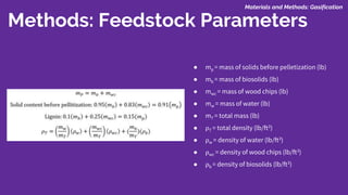 Methods: Feedstock Parameters
● mp = mass of solids before pelletization (lb)
● mb = mass of biosolids (lb)
● mwc = mass of wood chips (lb)
● mw = mass of water (lb)
● mT = total mass (lb)
● ⍴T = total density (lb/ft3)
● ⍴w = density of water (lb/ft3)
● ⍴wc = density of wood chips (lb/ft3)
● ⍴b = density of biosolids (lb/ft3)
Materials and Methods: Gasification
 