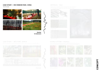 CASE STUDY • MFO PARK, ZURICH
Raderschall Landschaftsarchitekten Ag + Burckhardt & Partner Ag
CASE STUDY • RED RIBBON PARK, CHINA
Turenscape
Character
Identity
& Coherence
MATERIAL • Steel
Steel would contrast with the massive concrete structure.
It is much lighter, weight wise as well as texture wise.
Grated Steel
Steel Flooring
Steel Wire Rope Steel chain
LIVING SYSTEM • Climbers
Climbers would blend in perfectly with the overall “hybrid infrastructure system” by using the
verticality of the infrastructure (climbing up, hanging down, wrapping structural elements,etc.)
Shade Tolerant
Shade Intolerant
CONCEPT
 