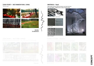 CASE STUDY • MFO PARK, ZURICH
Raderschall Landschaftsarchitekten Ag + Burckhardt & Partner Ag
CASE STUDY • RED RIBBON PARK, CHINA
Turenscape
Character
Identity
& Coherence
MATERIAL • Steel
Steel would contrast with the massive concrete structure.
It is much lighter, weight wise as well as texture wise.
Grated Steel
Steel Flooring
Steel Wire Rope Steel chain
LIVING SYSTEM • Climbers
Climbers would blend in perfectly with the overall “hybrid infrastructure system” by using the
verticality of the infrastructure (climbing up, hanging down, wrapping structural elements,etc.)
Shade Tolerant
Shade Intolerant
CONCEPT
 