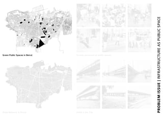PROBLEMISSUE|INFRASTRUCTUREASPUBLICSPACE
Green Public Spaces in Beirut
Road Network in Beirut Voids in the City
Basta Bridge
Elias El Hraoui Bridge
Charles Helou Bridge
Ring Bridge
Cola Bridge
El Wati Bridge
Streets perceived as public spaces
Mar Mikhael
Downtown
Hamra
Manara
Bourj Hammoud
Ain Al Mreisseh
 