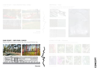 CASE STUDY • MFO PARK, ZURICH
Raderschall Landschaftsarchitekten Ag + Burckhardt & Partner Ag
CASE STUDY • RED RIBBON PARK, CHINA
Turenscape
Character
Identity
& Coherence
MATERIAL • Steel
Steel would contrast with the massive concrete structure.
It is much lighter, weight wise as well as texture wise.
Grated Steel
Steel Flooring
Steel Wire Rope Steel chain
LIVING SYSTEM • Climbers
Climbers would blend in perfectly with the overall “hybrid infrastructure system” by using the
verticality of the infrastructure (climbing up, hanging down, wrapping structural elements,etc.)
Shade Tolerant
Shade Intolerant
CONCEPT
 