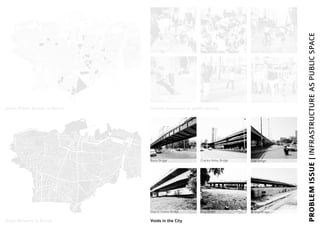 PROBLEMISSUE|INFRASTRUCTUREASPUBLICSPACE
Green Public Spaces in Beirut
Road Network in Beirut Voids in the City
Basta Bridge
Elias El Hraoui Bridge
Charles Helou Bridge
Ring Bridge
Cola Bridge
El Wati Bridge
Streets perceived as public spaces
Mar Mikhael
Downtown
Hamra
Manara
Bourj Hammoud
Ain Al Mreisseh
 