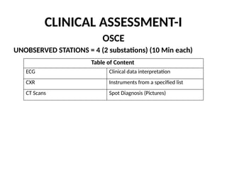 CLINICAL ASSESSMENT-I
OSCE
UNOBSERVED STATIONS = 4 (2 substations) (10 Min each)
Table of Content
ECG Clinical data interpretation
CXR Instruments from a specified list
CT Scans Spot Diagnosis (Pictures)
 
