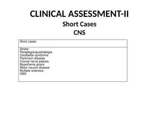 CLINICAL ASSESSMENT-II
Short Cases
CNS
Short cases
Stroke
Paraplegia/quadriplegia
Cerebellar syndrome
Parkinson disease
Cranial nerve palsies.
Myasthenia gravis
Motor neuron disease
Multiple sclerosis.
GBS
 