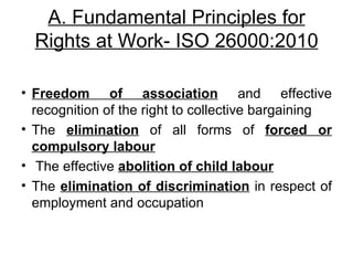 A. Fundamental Principles for Rights at Work- ISO 26000:2010 Freedom of association  and effective recognition of the right to collective bargaining  The  elimination  of all forms of  forced or compulsory labour   The effective  abolition of child labour   The  elimination of discrimination  in respect of employment and occupation  