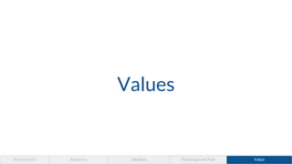 Values
Introduction Research Ideation Prototype and Test Value
 
