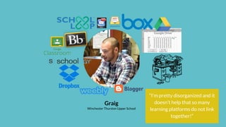 Graig
Winchester Thurston Upper School
“I’m pretty disorganized and it
doesn’t help that so many
learning platforms do not link
together!”
 