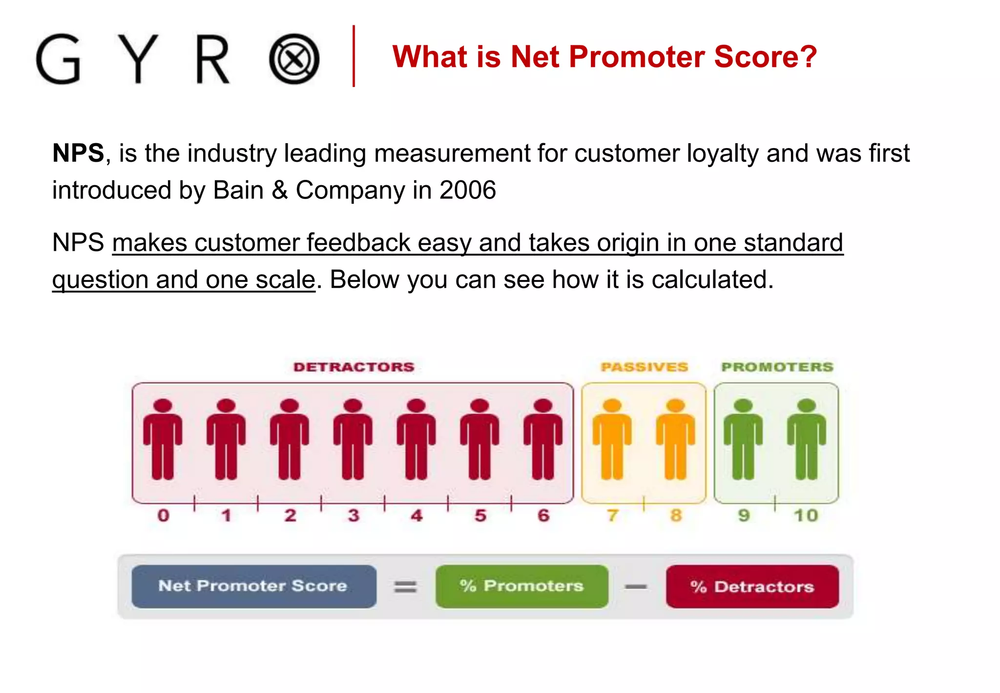 What is Net Promoter Score?
NPS, is the industry leading measurement for customer loyalty and was first
introduced by Bain & Company in 2006
NPS makes customer feedback easy and takes origin in one standard
question and one scale. Below you can see how it is calculated.
 