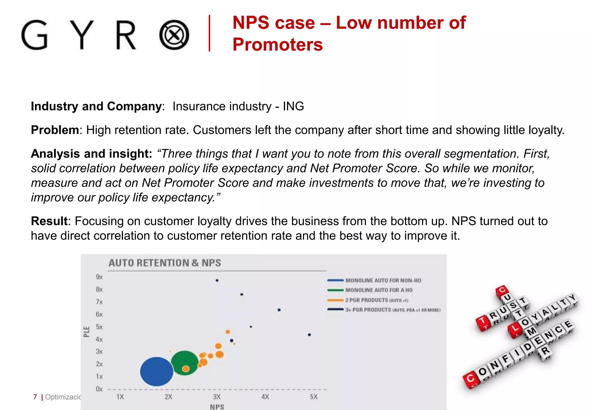 NPS case – Low number of
Promoters
Industry and Company: Insurance industry - ING
Problem: High retention rate. Customers left the company after short time and showing little loyalty.
Analysis and insight: “Three things that I want you to note from this overall segmentation. First,
solid correlation between policy life expectancy and Net Promoter Score. So while we monitor,
measure and act on Net Promoter Score and make investments to move that, we’re investing to
improve our policy life expectancy.”
Result: Focusing on customer loyalty drives the business from the bottom up. NPS turned out to
have direct correlation to customer retention rate and the best way to improve it.
7 | Optimización de Procesos y Sistemas Industriales
 