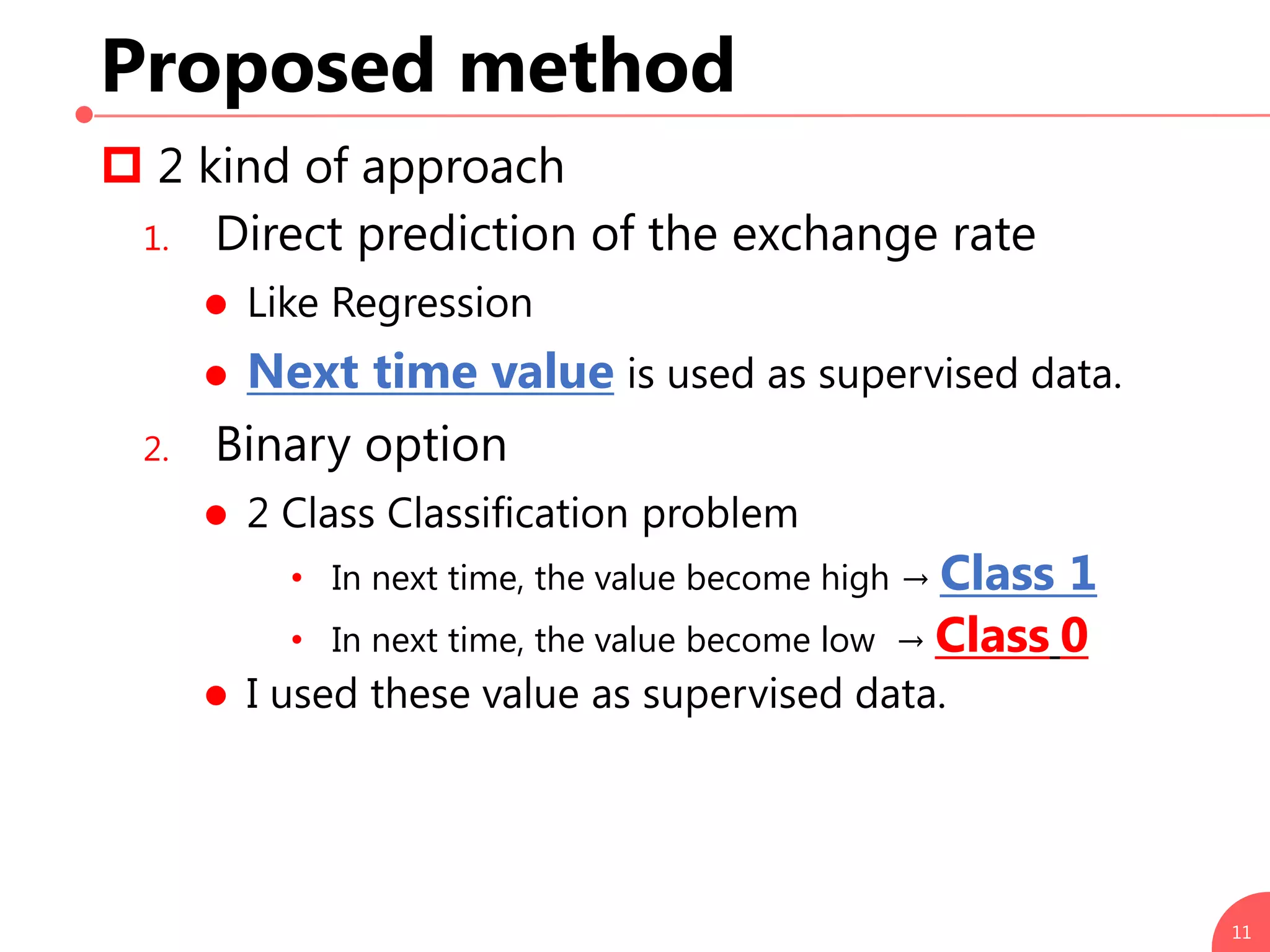 Proposed method
 2 kind of approach
1. Direct prediction of the exchange rate
 Like Regression
 Next time value is used as supervised data.
2. Binary option
 2 Class Classification problem
• In next time, the value become high → Class 1
• In next time, the value become low → Class 0
 I used these value as supervised data.
11
 