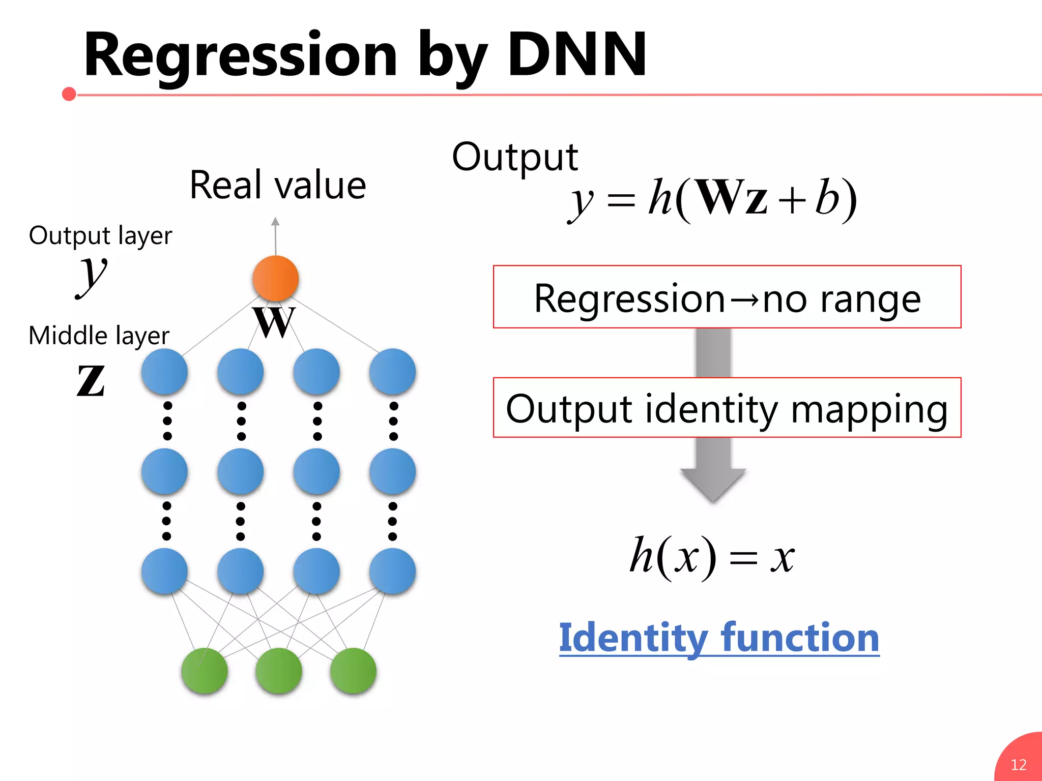 Regression by DNN
12
Middle layer
Output layer
xxh )(
)( bhy  Wz
y
z
Regression→no range
Output identity mapping
Output
Real value
Identity function
W
 