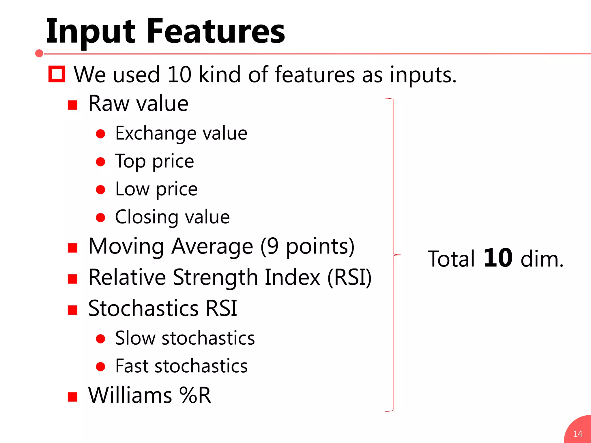 Input Features
 We used 10 kind of features as inputs.
 Raw value
 Exchange value
 Top price
 Low price
 Closing value
 Moving Average (9 points)
 Relative Strength Index (RSI)
 Stochastics RSI
 Slow stochastics
 Fast stochastics
 Williams %R
14
Total 10 dim.
 