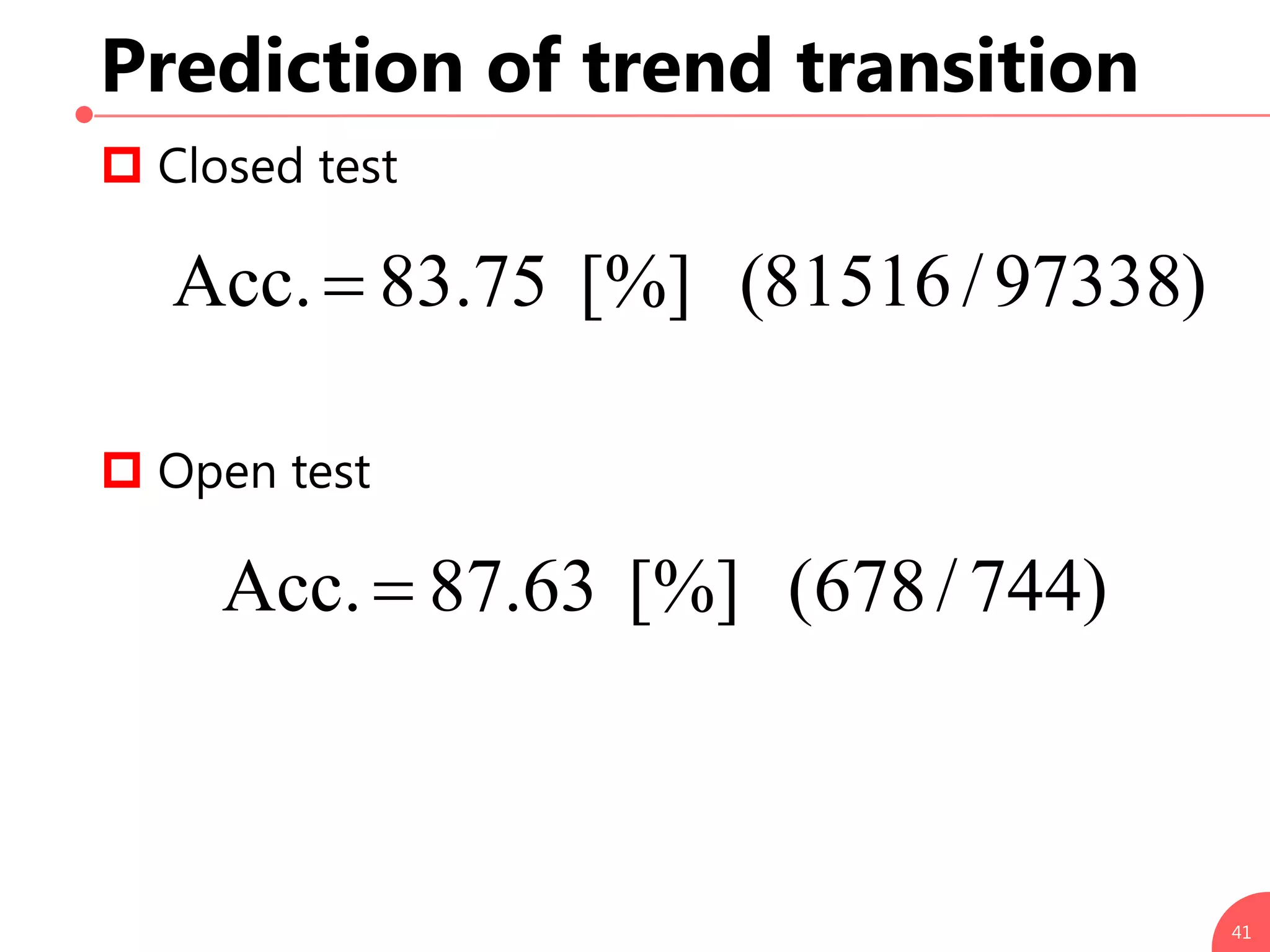 Prediction of trend transition
 Closed test
 Open test
41
)97338/81516([%]75.83Acc.
)744/678([%]63.87Acc.
 