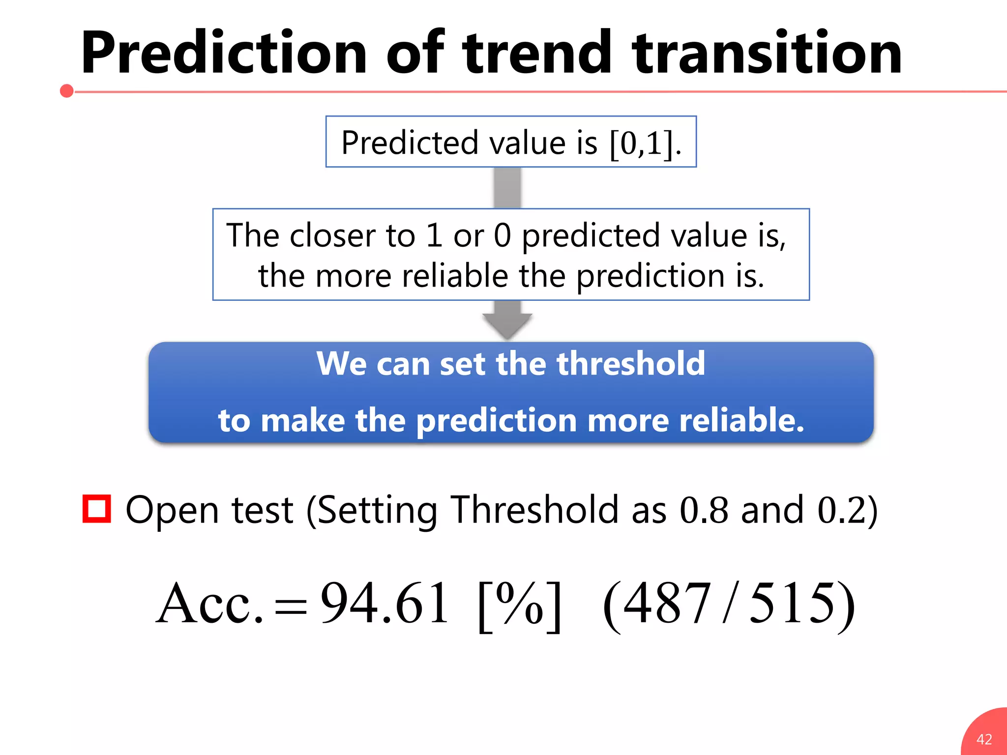 42
Prediction of trend transition
Predicted value is [0,1].
The closer to 1 or 0 predicted value is,
the more reliable the prediction is.
We can set the threshold
to make the prediction more reliable.
 Open test (Setting Threshold as 0.8 and 0.2)
)515/487([%]61.94Acc.
 